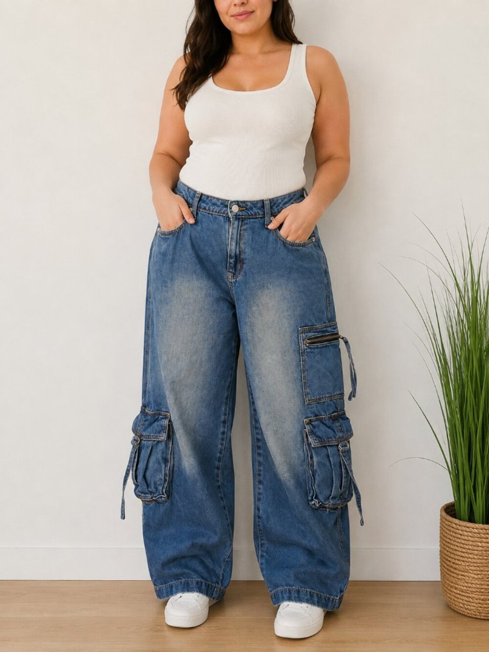 Baggy Cargo Jeans Mid Rise Dark Wash Ombré Wild Fable Size 12